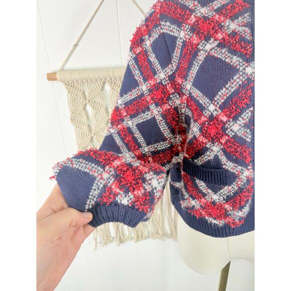 Aerie Chelsea Plaid Cardigan Sweater Jacket Small Shacket Red Navy Blue - Picture 7 of 10